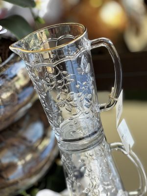 Jarra em vidro Relevo floral Butterfly com borda dourada