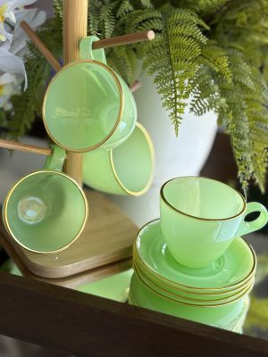 Conjunto de Xícaras com Pires Verde com Dourado | Casa Decor