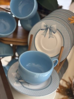 JG de Xícaras + Pires Laço de Páscoa Azul