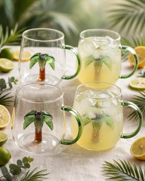 Caneca de Vidro Borossilicato 300ml com Coqueiro 3D - Coleção Verão